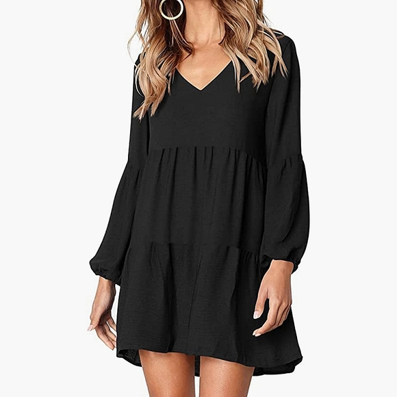 Amoretu Dresses & Skirts - Black Flowy Swing Dress with Long Sleeves